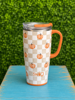 Capacity | Holds up to 22oz
Construction | 304-18/8 stainless steel — condensation-free and non-breakable
Insulation | Double-walled, vacuum-sealed, and copper-plated
Temperature Performance | Cold 12+ hours · Hot 3+ hours
Handle | Slim metal handle
Cup Holder Compatible | Fits most standard cup holders
Base | Built-in silicone coaster base prevents slips, drips, and scratches
Print | Pumpkin Check — classic buffalo check in rich fall tones

