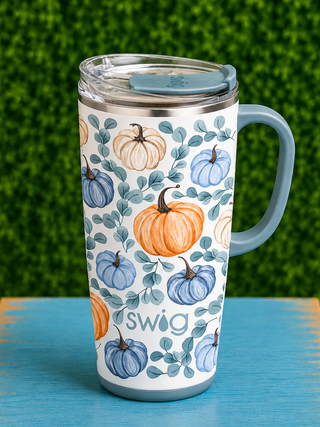 Capacity | Holds up to 22oz
Construction | 304-18/8 stainless steel — condensation-free and non-breakable
Insulation | Double-walled, vacuum-sealed, and copper-plated
Temperature Performance | Cold 12+ hours · Hot 3+ hours
Handle | Slim metal handle
Cup Holder Compatible | Fits most standard cup holders
Base | Built-in silicone coaster base prevents slips, drips, and scratches
Print | Pumpkin Grove — illustrated pumpkins, vines, and fall foliage in warm harvest tones
