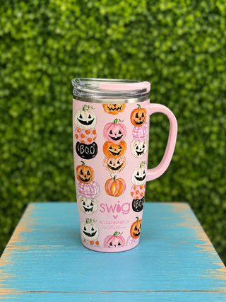 Travel Mug 22oz - Pumpkin Stacks
Capacity | Holds up to 22oz
Construction | 304-18/8 stainless steel — condensation-free and non-breakable
Insulation | Double-walled, vacuum-sealed, and copper-plated
Temperature Performance | Cold 12+ hours · Hot 3+ hours
Handle | Slim metal handle
Cup Holder Compatible | Fits most standard cup holders
Base | Built-in silicone coaster base prevents slips, drips, and scratches
Print | Swig x Rosanne Beck collaboration — whimsical jack-o'-lantern and pumpkin stacks