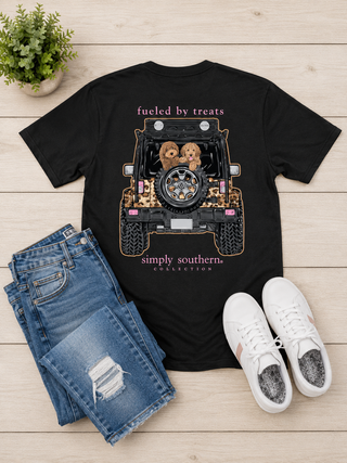 Simply Southern Fueled by Treats black tee with goldendoodle Jeep graphic, styled with distressed denim and white sneakers