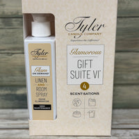 The Glamorous Gift Suite VI includes a Prestige Candle, Glamorous Wash, Autoglam, and Glam On Demand®—a perfect gift for luxurious fragrance lovers!