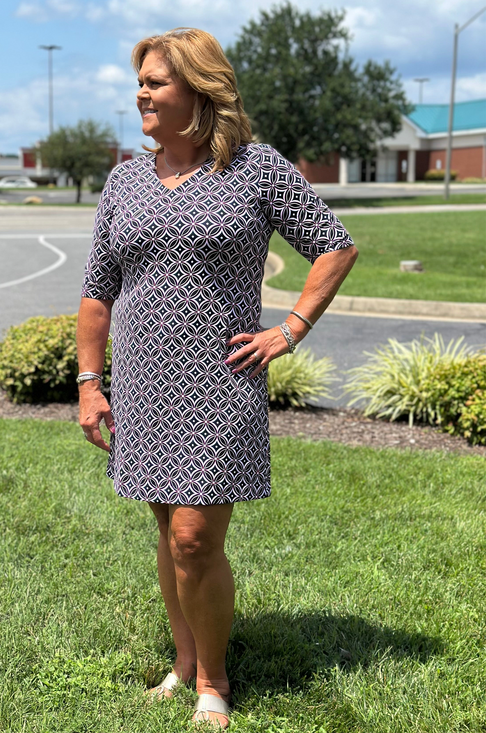 Step out in effortless style with the Lulu-B V-Neck Elbow Sleeve Dress! Crafted from a lightweight, stretchy blend of 92% Nylon and 8% Spandex, this chic dress offers all-day comfort and a flattering fit. Designed with a classic V-neckline, elbow-length sleeves, and a straight hemline, it’s perfect for any occasion. The pullover style ensures easy wear, while the pre-shrunk fabric maintains its shape wash after wash. Plus, with UPF50+ sun protection, you’ll stay stylish and shielded from harmful rays.