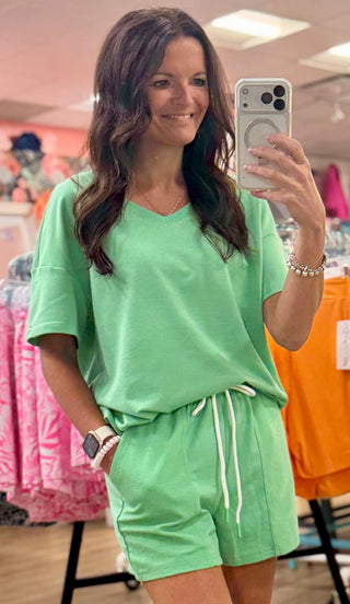 Style | Matching v-neck tee + lounge bottoms set
Color | Green
Neckline | V-neck
