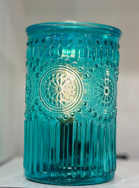 Vintage Parisian glass fragrance warmer with embossed floral details. Elegant, flameless home fragrance with soft glow. NP3 bulb included.