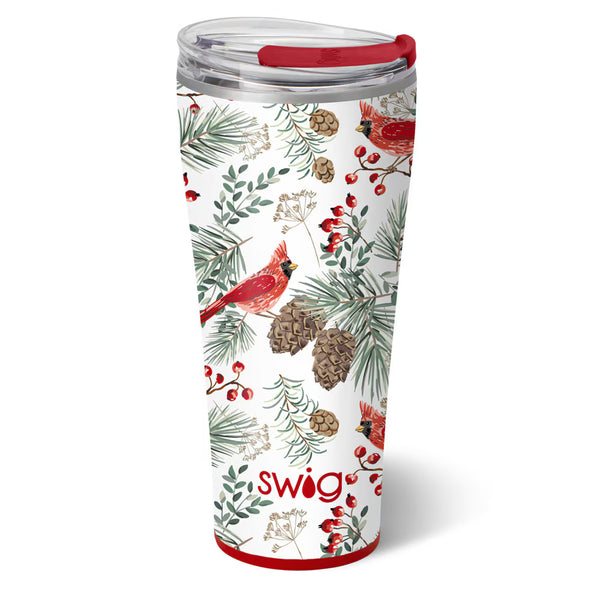 Bigger really is better! 💯 Traditional red cardinals birch on winter pine branches on a glitter snow white background. 🐦 

Our fan-favorite 32oz insulated Tumbler features a slim profile, making it cup holder-friendly and comfy to hold. The increased capacity means you get to enjoy more of your favorite drinks with fewer refills!