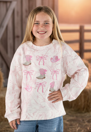 Youth Everyday Embroidered Crew - Pink Camo
Simply Southern Crew 
Design: Embroidered Pink Bows, pink cowgirl hats and white cowgirl boots with pink bows on them. (front pattern design) 
Stitched on a pink camo crew