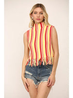 Stripe Mock Neck Fringe Sweater Tank Top
