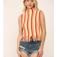 Stripe Mock Neck Fringe Sweater Tank Top