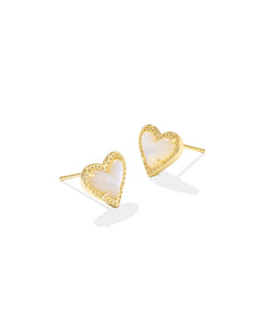 Ari Heart Gold Stud Earrings in Ivory Mother of Pearl