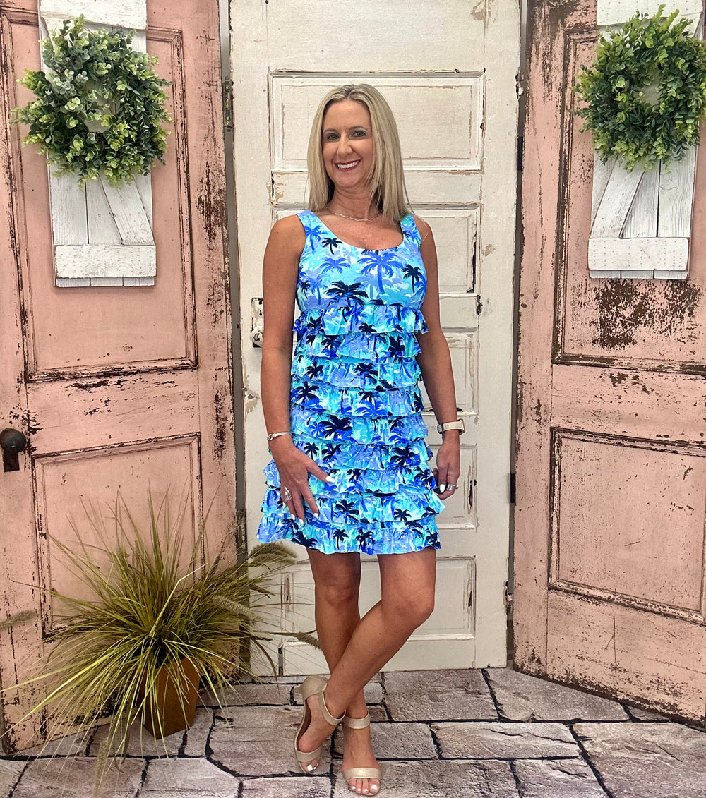 Turn heads in the Lulu-B Cha Cha Dress! Sleeveless with ruffle details, UPF50 sun protection & a flattering fit. Pre-shrunk, 92% nylon/8% spandex. Bestseller!