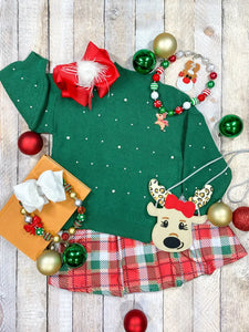 Green Pearl Sweater & Christmas Plaid Skirt Set
