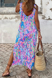 Purple Abstract Floral Print Sleeveless Maxi Dress