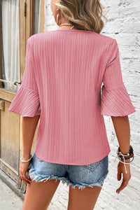 Pink Ruffled Half Sleeve V-Neck Top