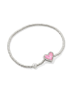 Ari Heart Rhodium Stretch Bracelet in Pink Iridescent Glitter Glass