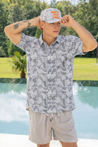 Mens Button Down Shirt - Grey Camo