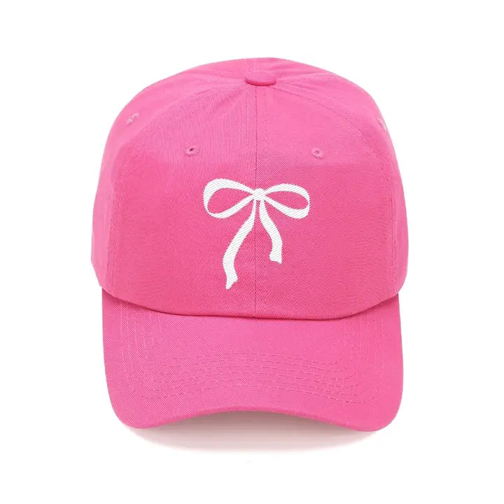 Bow Embroidered Cap -Pink with White Bow