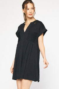 Black Short Sleeve Textured Dress