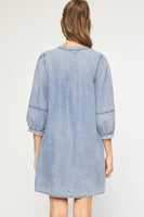 Denim Blue 3/4 Sleeve V-Neck Dress
