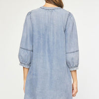 Denim Blue 3/4 Sleeve V-Neck Dress
