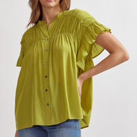 Chartreuse Short Sleeve Button Up Top