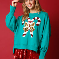 Green Sequin Candy Cane French Terry Sweatshirt