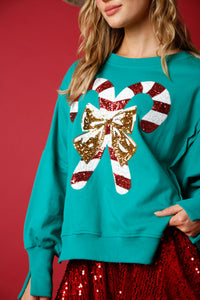 Green Sequin Candy Cane French Terry Sweatshirt