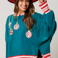 Turquoise Sequin Christmas Ornament Contrast Sweatshirt