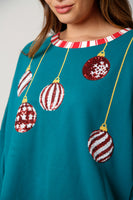 Turquoise Sequin Christmas Ornament Contrast Sweatshirt
