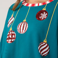 Turquoise Sequin Christmas Ornament Contrast Sweatshirt