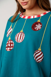 Turquoise Sequin Christmas Ornament Contrast Sweatshirt