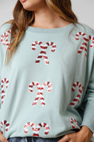 Dusty Sage Sequin Candy Cane Loose Fit Sweatshirt
