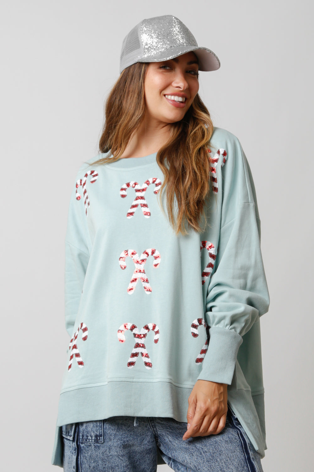 Dusty Sage Sequin Candy Cane Loose Fit Sweatshirt