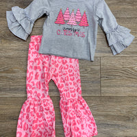 Pink Merry Christmas Tree Printed Toddler Outfit Set