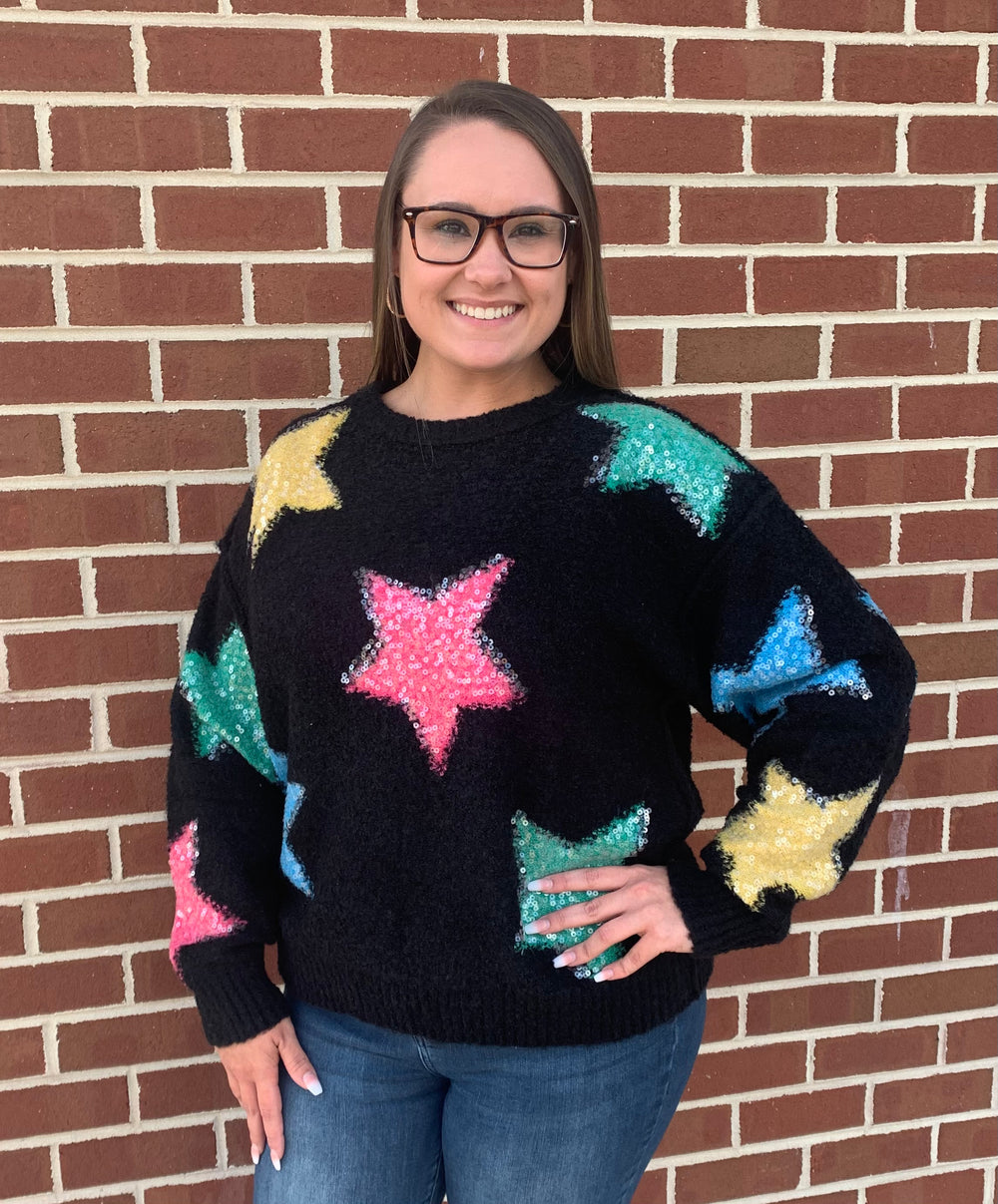 Black Sweater with Multi Color Glitter Stars