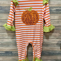 Orange Stripe Sequin Pumpkin Ruffle Baby Romper