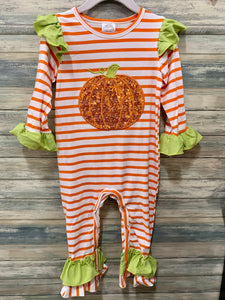 Orange Stripe Sequin Pumpkin Ruffle Baby Romper