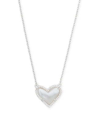 Ari Heart Short Pendant Rhodium Necklace in Ivory Mother of Pearl