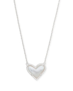 Ari Heart Short Pendant Rhodium Necklace in Ivory Mother of Pearl