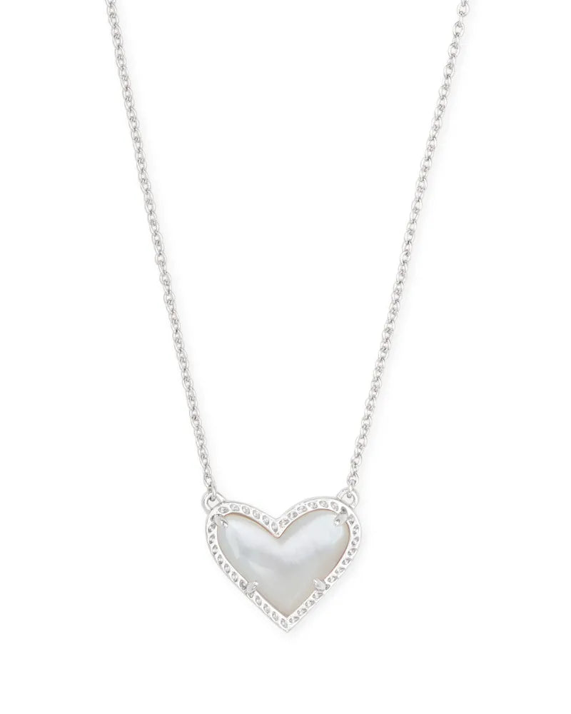 Ari Heart Short Pendant Rhodium Necklace in Ivory Mother of Pearl