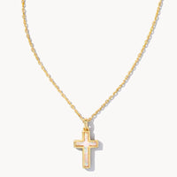 Cross Gold Pendant Necklace in White Kyocera Opal