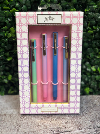 Jot down your next great idea or packing list with this set of 4 felt tip pens in assorted ink colors with various Lilly inspired colors.