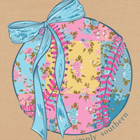 Simply Southern Tee
Baseball/Softball with bow 
patchwork flower detail on the ball 
printed on a tan color tee