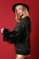 Black Shiny Fringed Sleeves Knit Sweater
