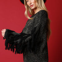 Black Shiny Fringed Sleeves Knit Sweater