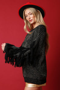 Black Shiny Fringed Sleeves Knit Sweater