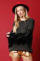 Black Shiny Fringed Sleeves Knit Sweater
