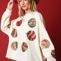 Cream Sequin Christmas Ornament Sweatshirt