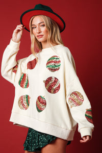 Cream Sequin Christmas Ornament Sweatshirt