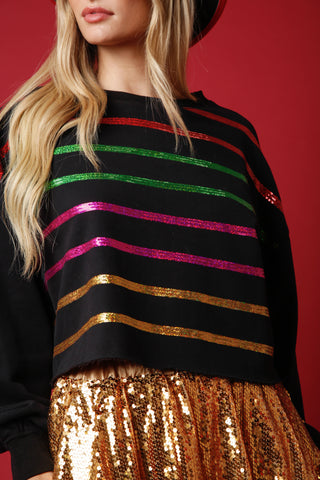 Black Multicolor Sequin Striped Cropped Sweatshirt