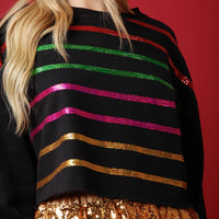 Black Multicolor Sequin Striped Cropped Sweatshirt